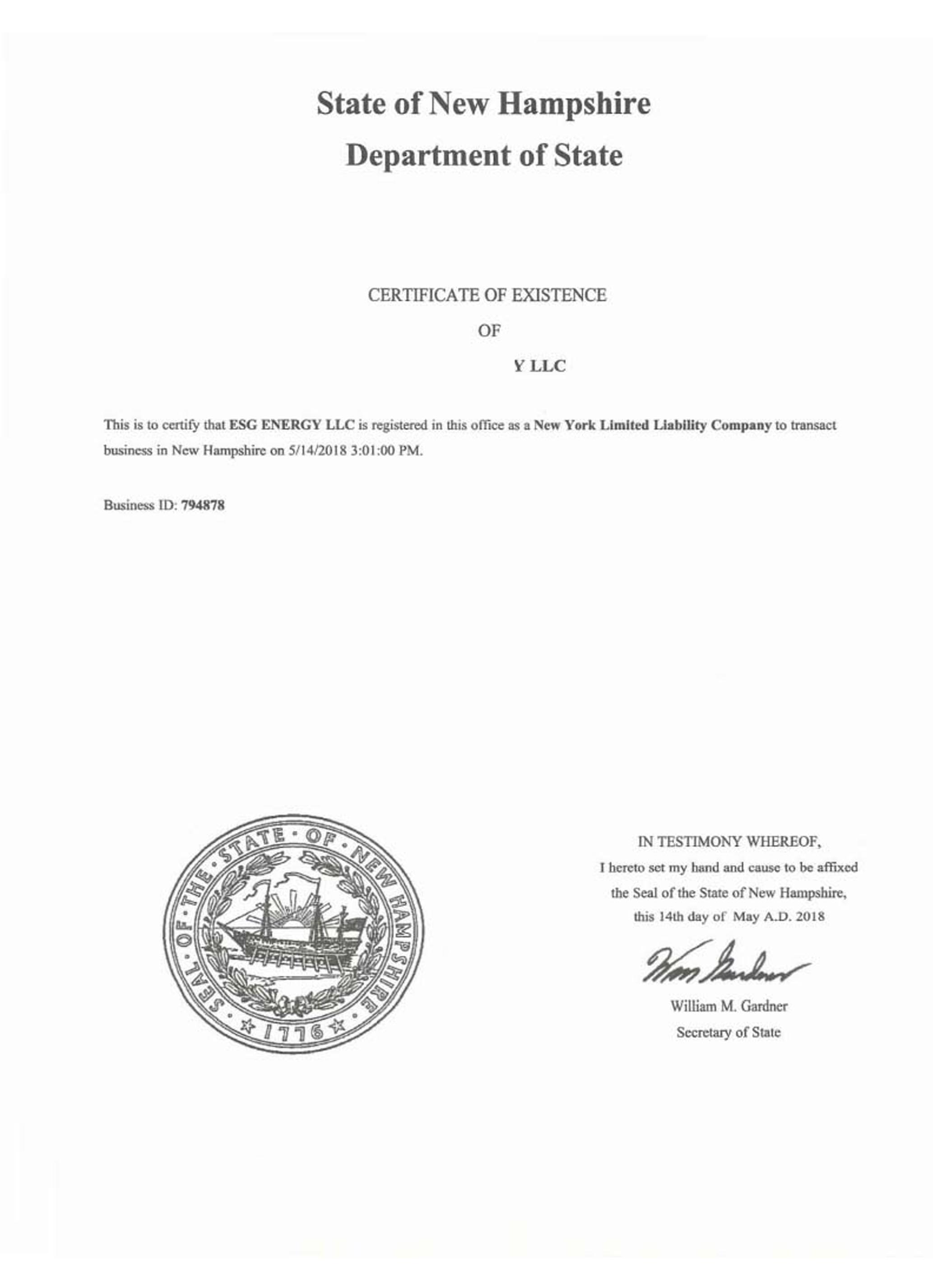 USA New Hampshire certificate of good standing